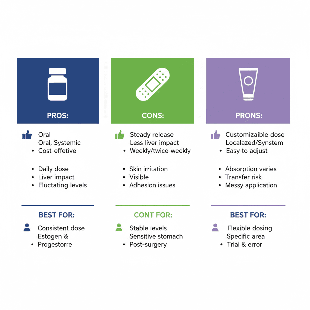 Infographic comparing HRT delivery methods: pills, patches, and creams with pros, cons, and best uses illustrated.