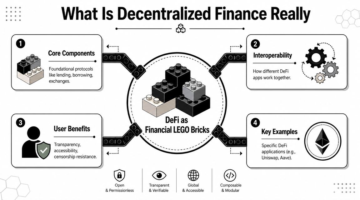 An infographic titled What Is Decentralized Finance explaining DeFi concepts like components, interoperability, benefits, and key examples.