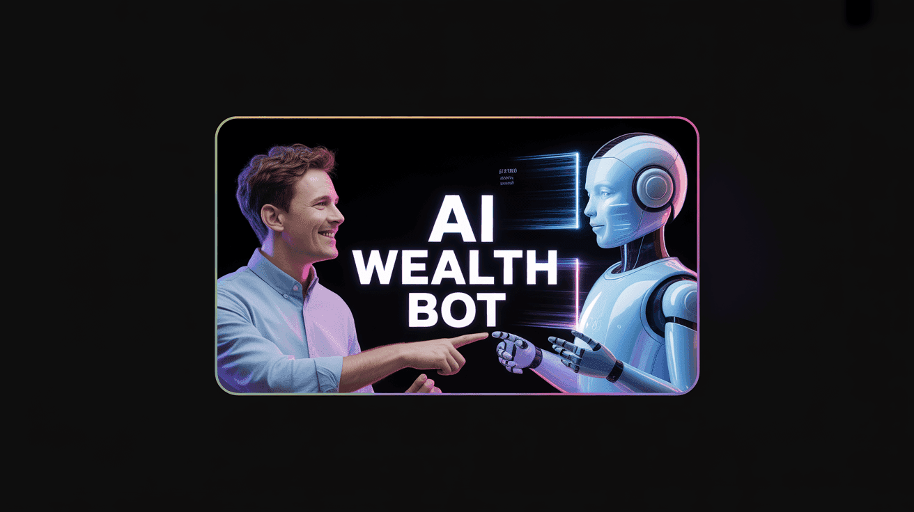 AI Wealth Automation Thumbnail Template featuring entrepreneur interacting with holographic AI assistant generating cash flow projections
