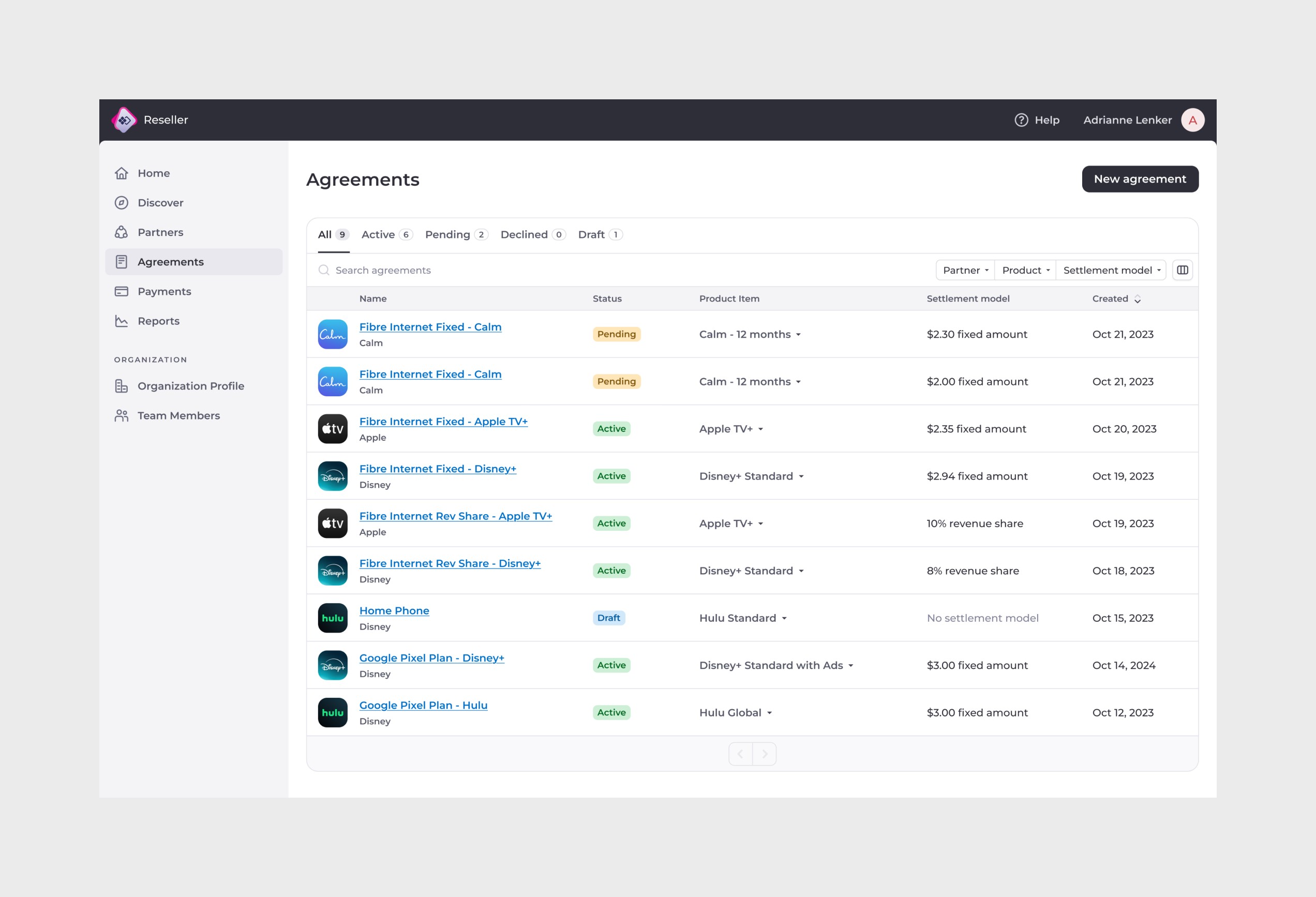 Reseller view - Agreements (desktop).