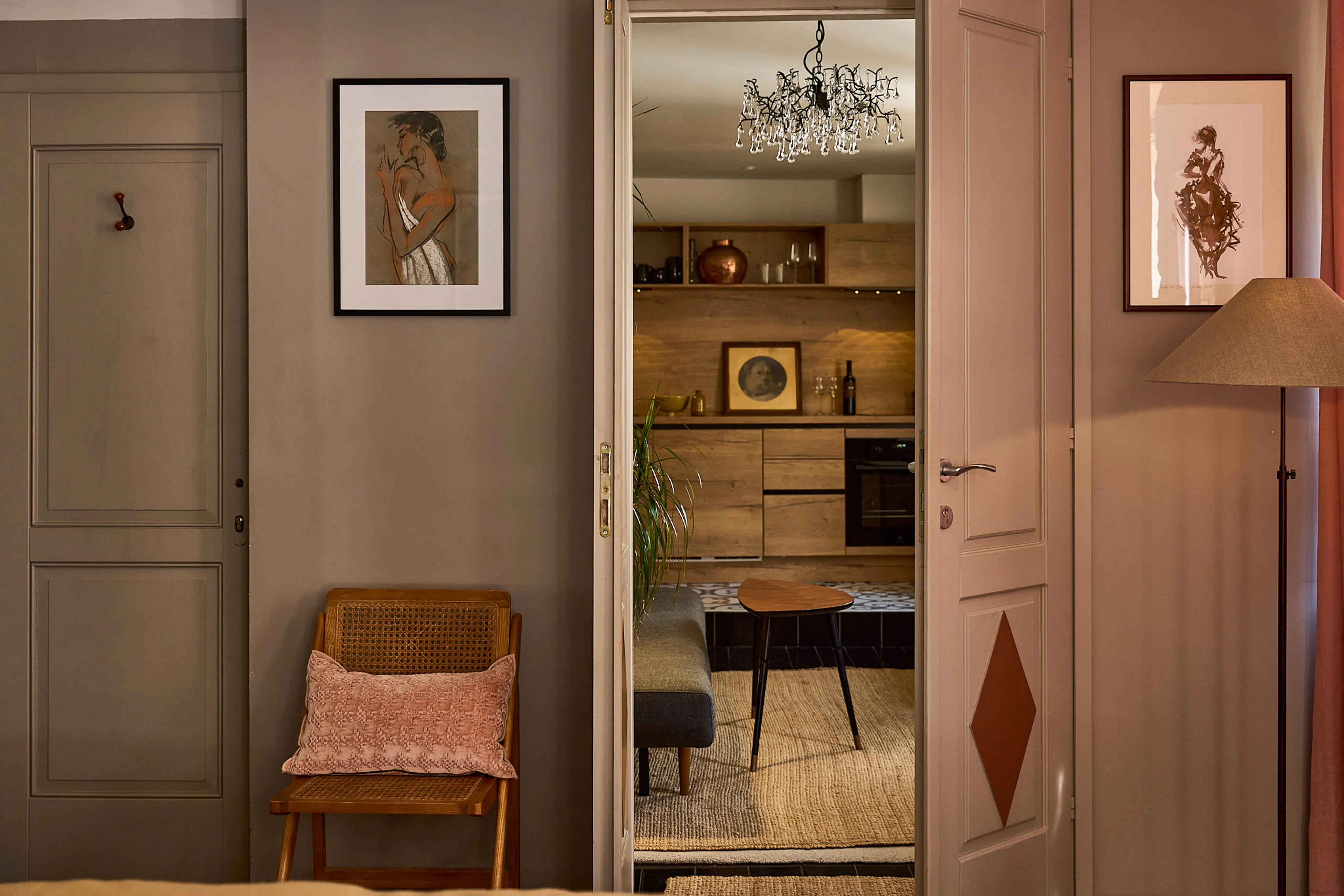Open doors connecting the bedroom and lounge in the Lina Suite, Hidden House, Stari Grad Hvar