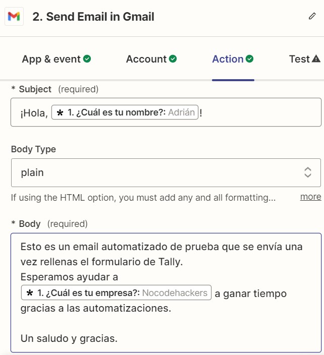 Campo Body de Gmail en Zapier con variables del formulario de Tally insertadas en el asunto y el mensaje