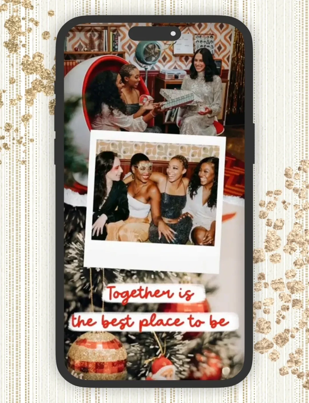 Holiday greeting card on a phone with photos and a 'Together is the best place to be' message