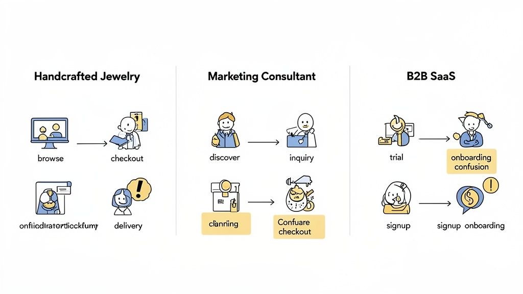Three customer journey maps illustrating different business models and their typical customer processes.