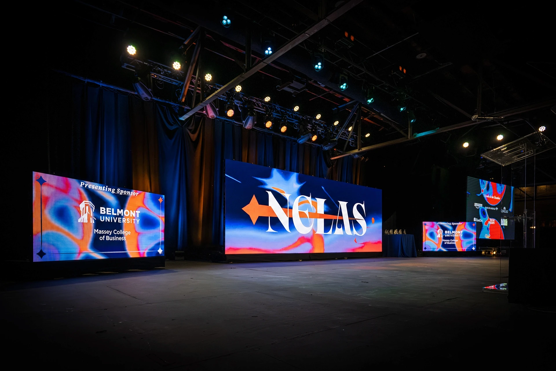 NELAS corporate event with custom LED video walls and Belmont University Massey College of Business branding in Nashville, corporate event production by UpLight Technologies