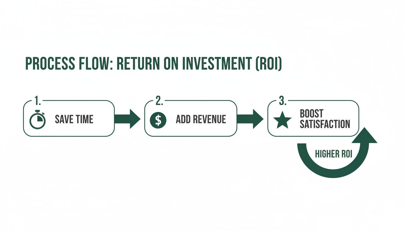 Infographic showing a process flow for achieving higher ROI by saving time, adding revenue, and boosting satisfaction.