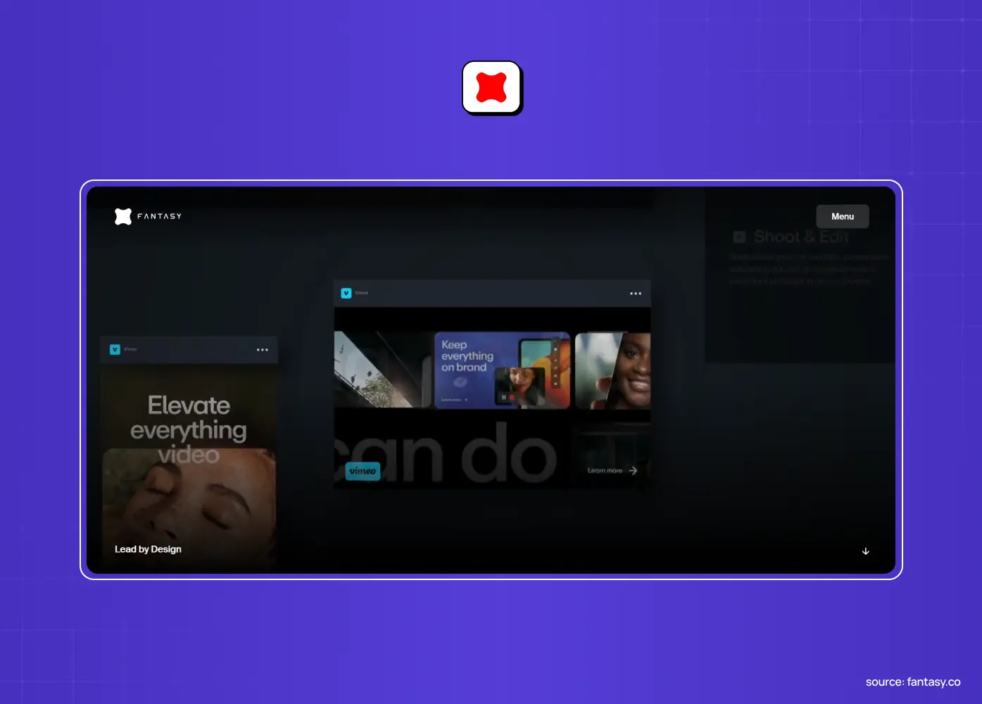 Fantasy creative agency website featuring digital product and video design examples in a dark interface.
