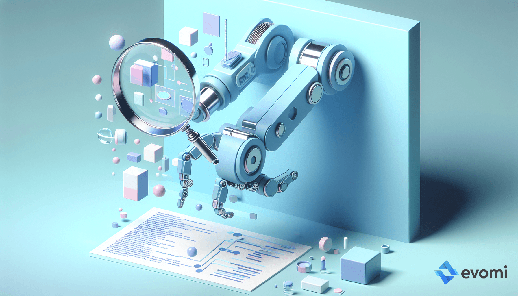  robotic arm analyzing digital data with a magnifying glass amidst floating geometric shapes.