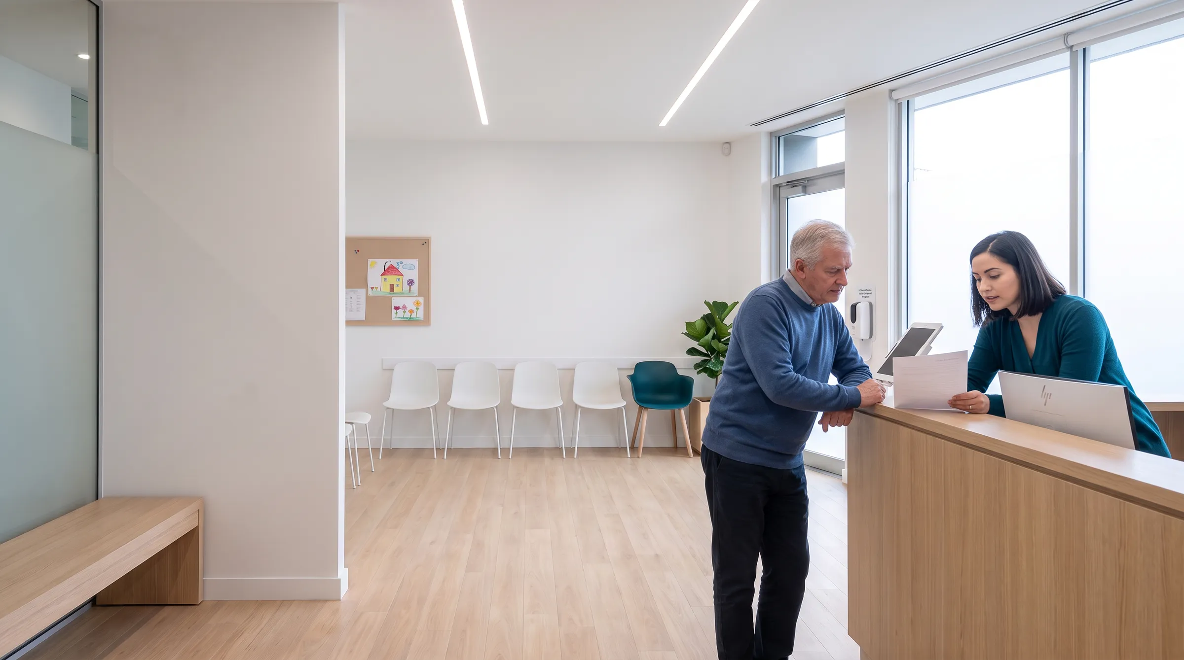 A receptionist talking a patient through a printed sheet at the front desk