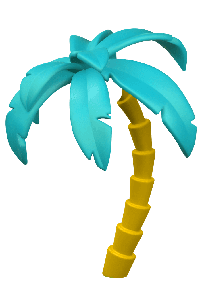 A colorful palm tree with teal leaves and a yellow trunk, set against a simple background.