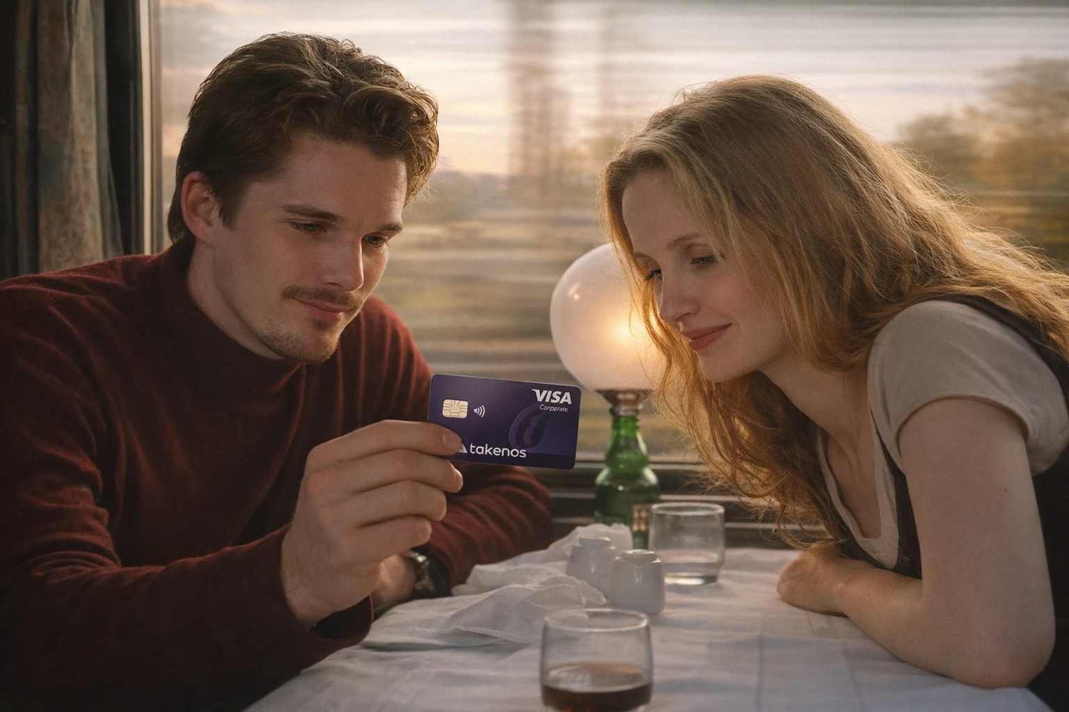 Un hombre y una mujer observan con atención la tarjeta Takenos en el vagón de un tren, la cual permite pagar trenes europeos desde Argentina de forma directa