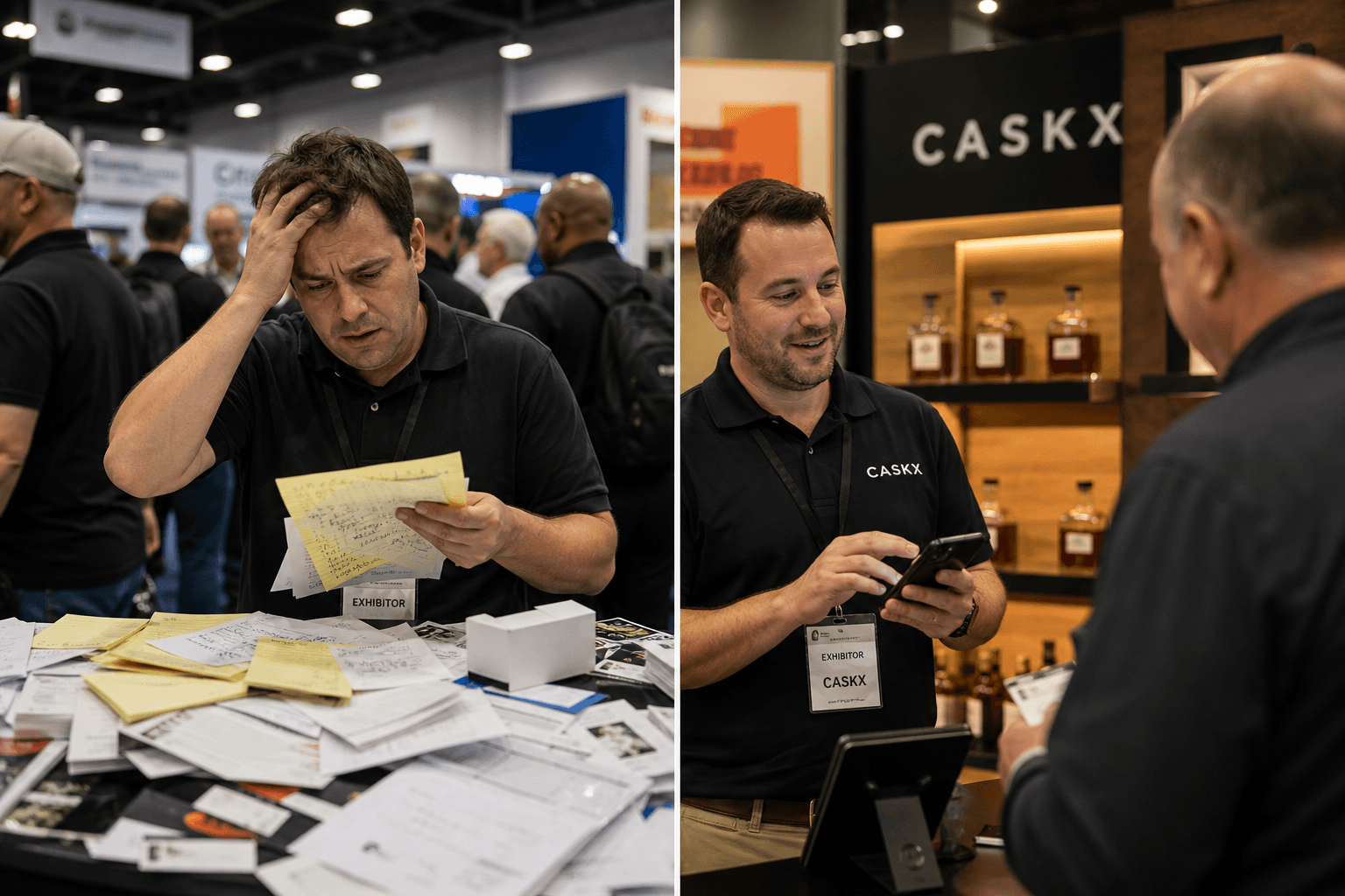 Split-screen tradeshow: stressed rep with paper orders vs calm rep using smartphone at organized booth