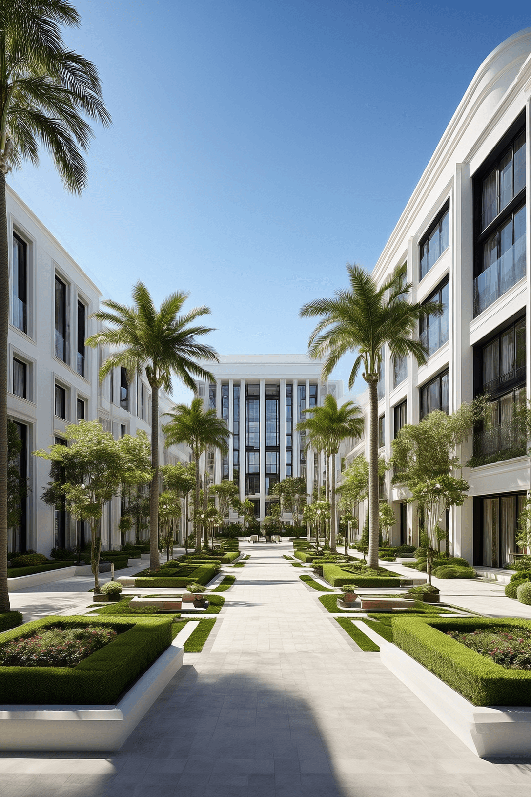 Modern condominium courtyard with palm trees.