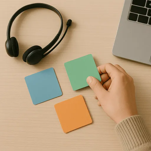 Eine Hand ordnet bunte Haftnotizen auf einem Schreibtisch neben einem Headset und Laptop an – Symbol für Planung und Marketing-Strategie.