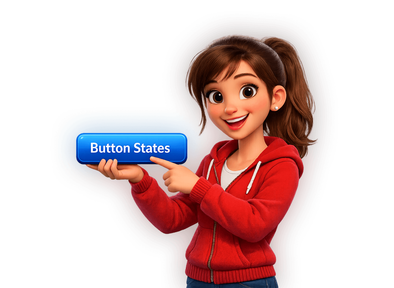 3D cartoon girl pointing at a blue UI button labeled “Button States,” illustrating button state design for web and app interfaces.
