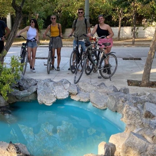 雅典一座花园里的一群人与一辆自行车