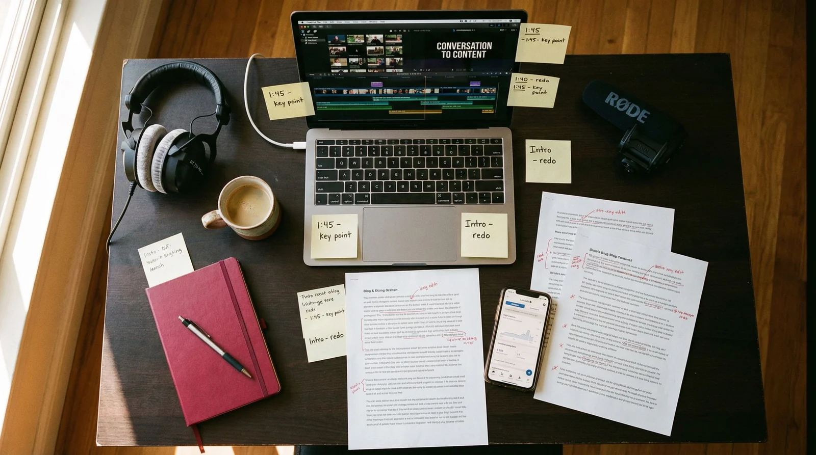 Overhead flatlay of production desk mid-session: laptop with video editing timeline, headphones, shotgun mic, blog drafts with red pen annotations, sticky notes
