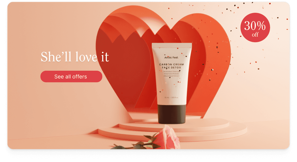 Carbon Cream Face Detox next to rose in front of heart shaped arch. Text: She'll love it, 30% off, see all offers. Website banner.