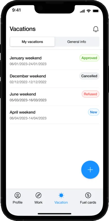 GTE driver vacation request list and approval statuses