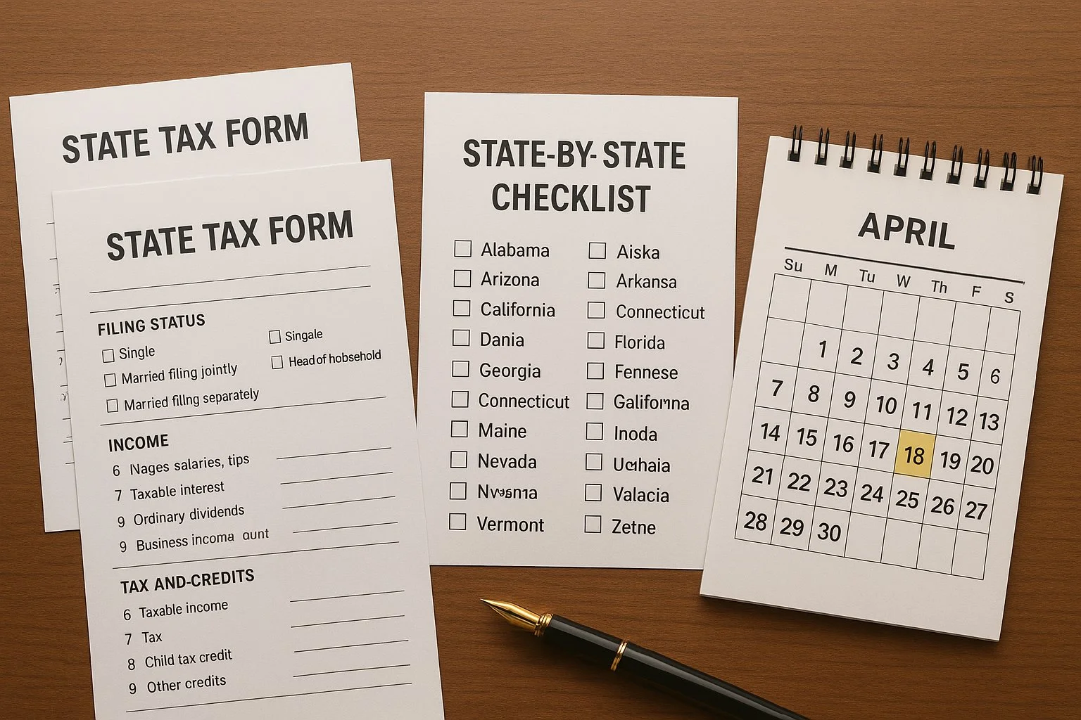 Desk with state tax forms, a state-by-state checklist, and a calendar highlighting upcoming deadlines.