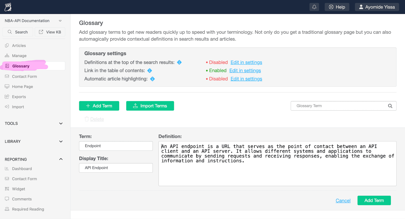 A screenshot of the Glossary settings page in KnowledgeOwl.