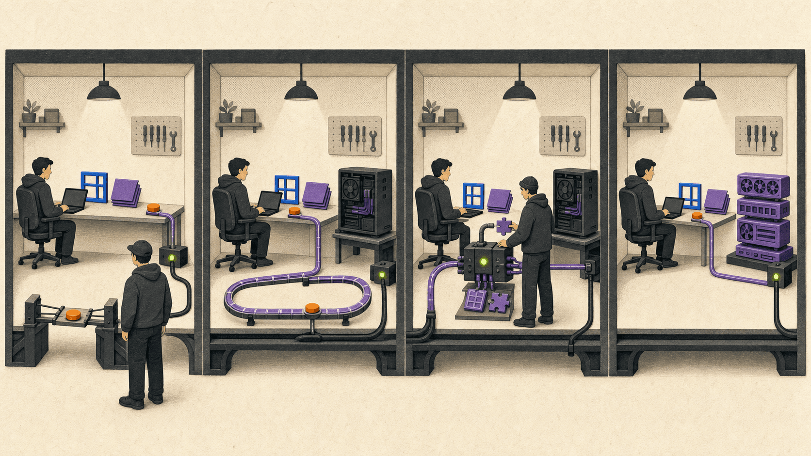 Four workshop bays compare remote support, streaming from an existing computer, self-hosted remote access, and access to a supplied cloud computer.