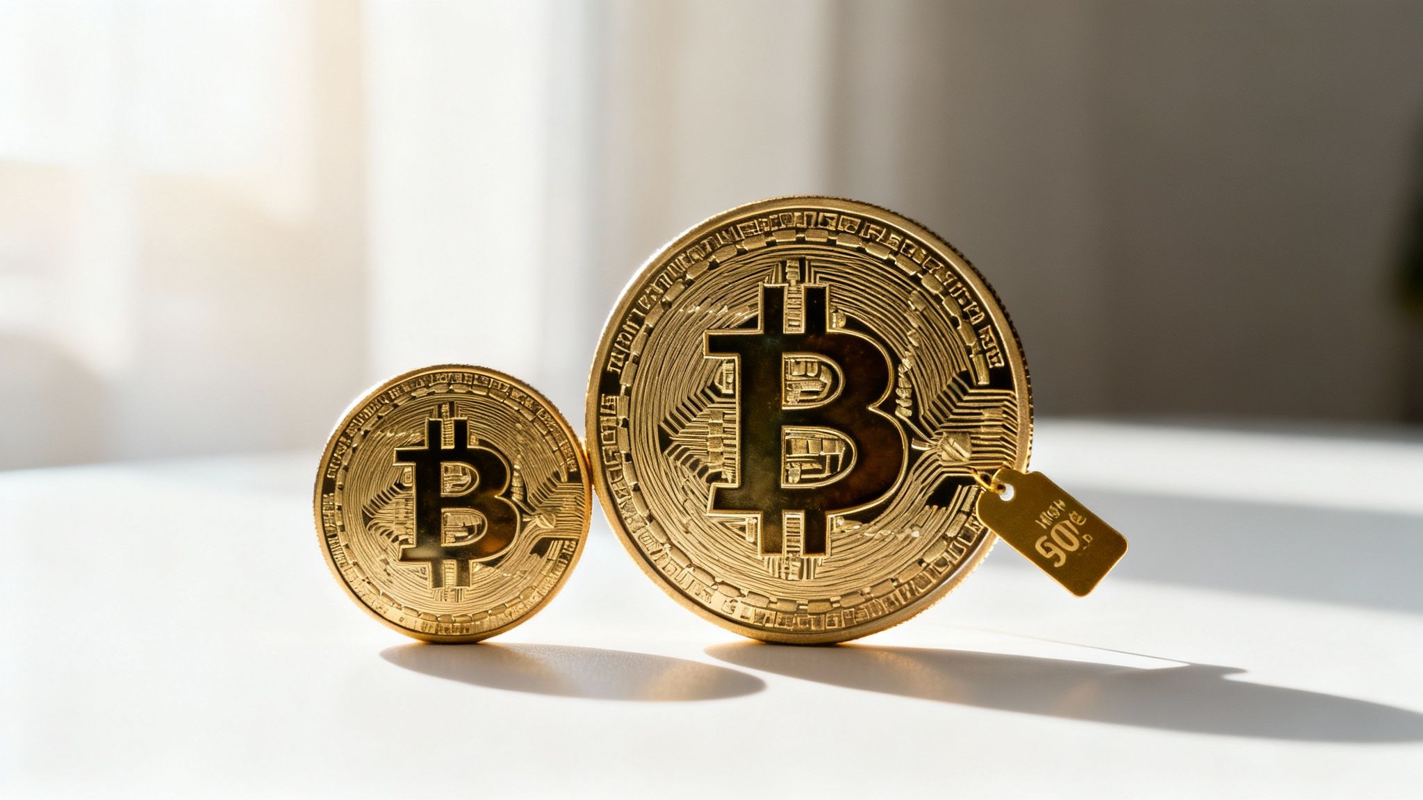 A person comparing two different sized cryptocurrency coins on a scale to represent value versus price.