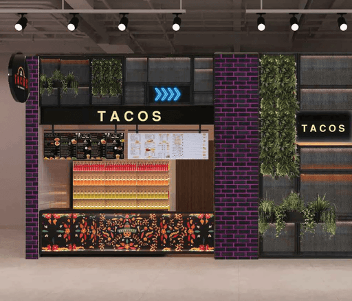 Modern Tacos restaurant facade at Social Distrikt.