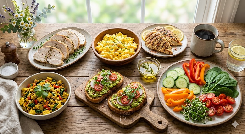 An overhead photograph of a high-protein, clean eating breakfast on a rustic wooden table, featuring roasted turkey, scrambled pasture-raised eggs, grilled chicken slices, and a tofu scramble. The wholesome wellness spread includes avocado toast with tomatoes on artisanal bread, vibrant raw vegetables like cucumbers and bell peppers, a fresh flower bouquet, and coffee, all bathed in bright natural morning light in an Indian setting.