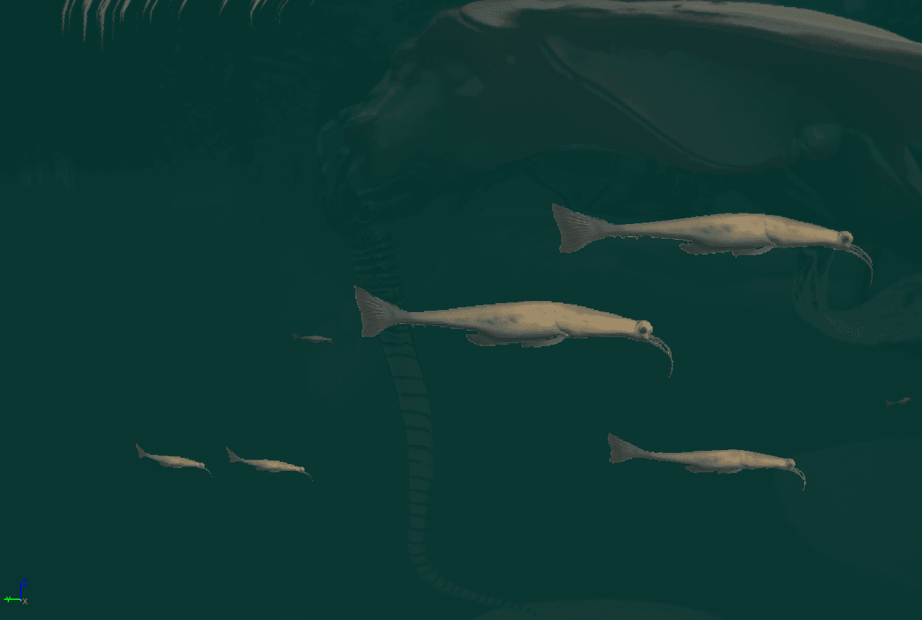 Custom water shader test in Unreal Engine with animated fish moving beneath the surface.