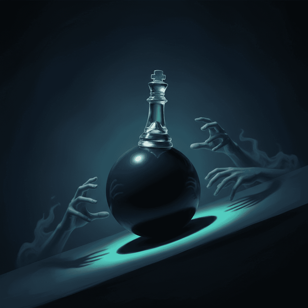 Glass chess king balancing precariously on a sphere, symbolizing emotional trading risk.