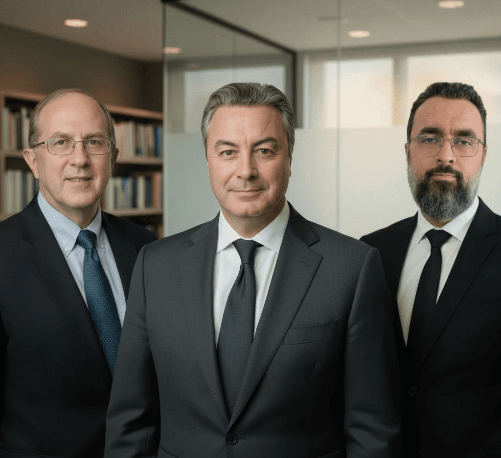 Group of professionals in business attire standing in a modern office.