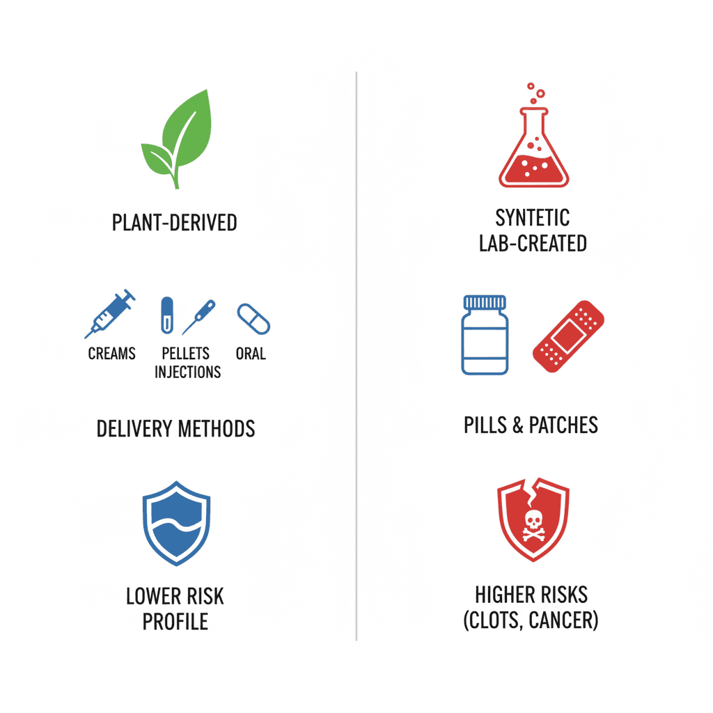 Infographic comparing bioidentical and traditional hormone therapies with icons and delivery methods