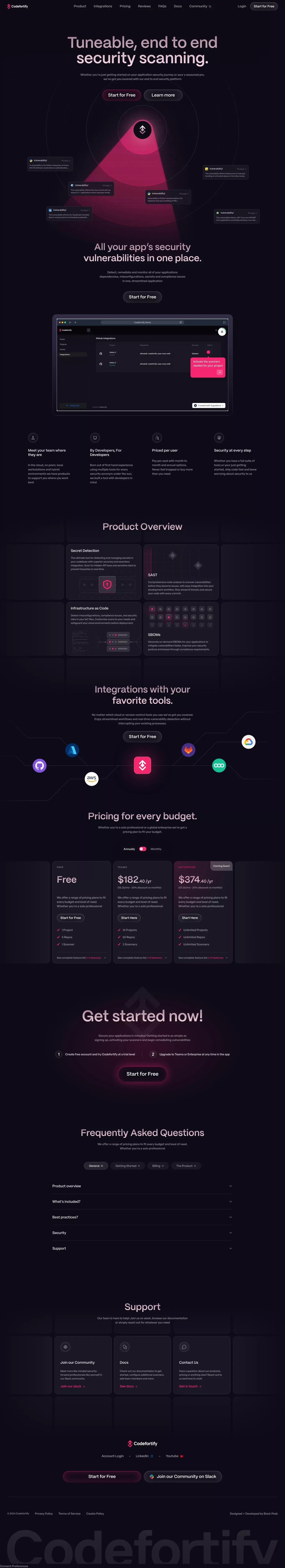 Codefortify - Tuneable ASPM & CSPM landing page screenshot showcasing Tech design