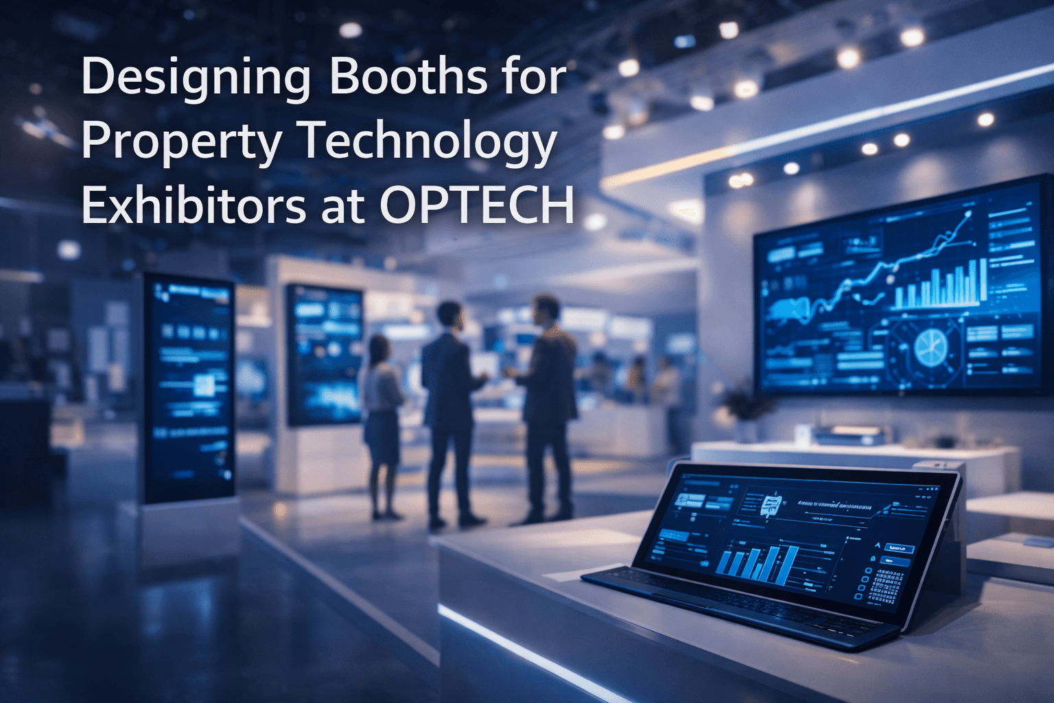 Trade show booth design for property technology exhibitors at OPTECH featuring software demo screens and hospitality technology displays