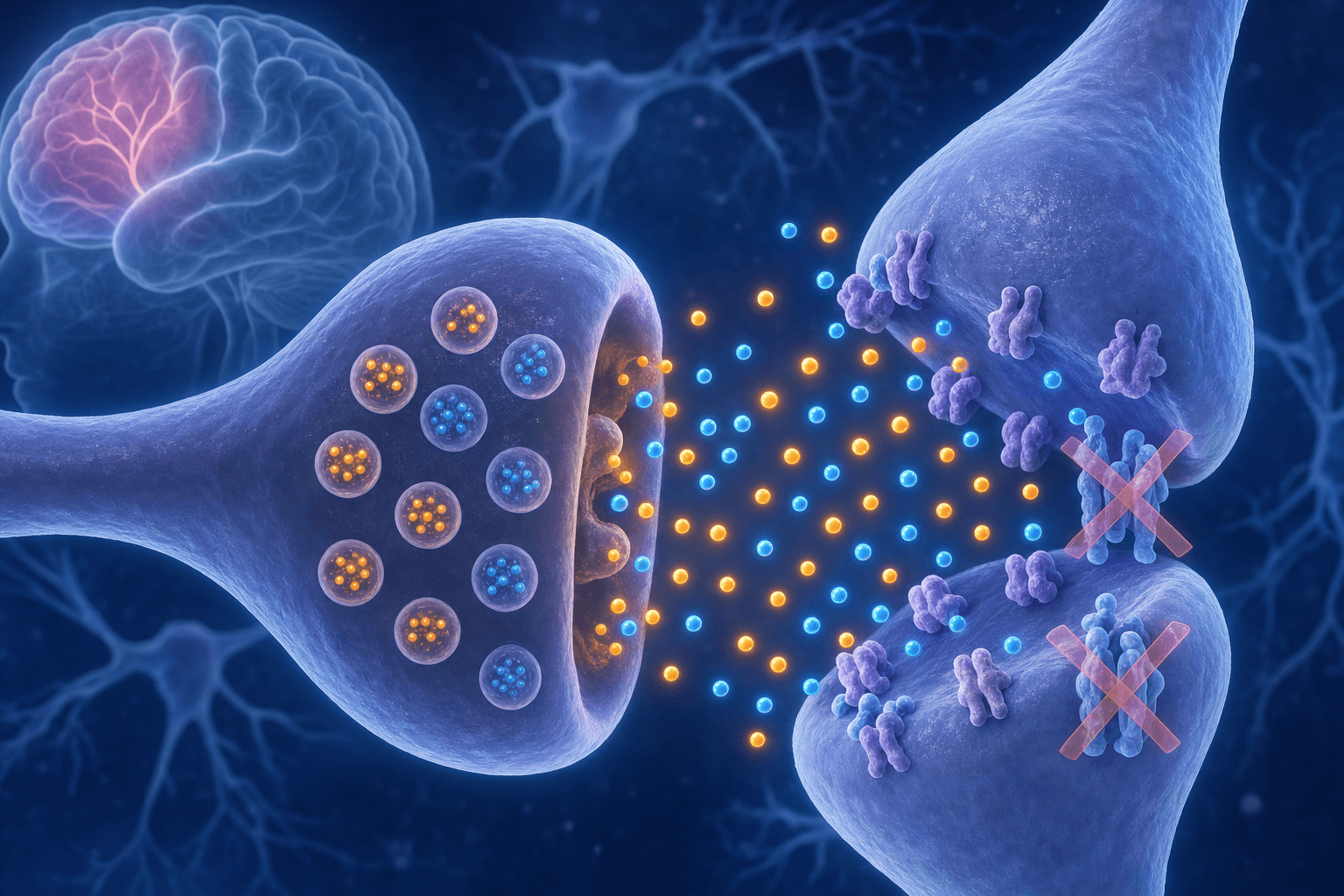A scientific illustration showing dopamine and norepinephrine neurotransmitters in a synaptic space between two neurons. The image should depict neurotransmitter molecules being blocked from reuptake, staying in the synaptic cleft. Use a clean, medical illustration style with soft blues and purples for the neurons, and bright colored particles for the neurotransmitters. Show the prefrontal cortex region subtly in the background. No text or labels.