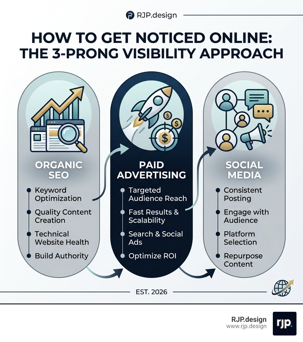 Infographic showing the 3-Prong Visibility Approach: Organic SEO, Paid Advertising, and Social Media strategies for getting