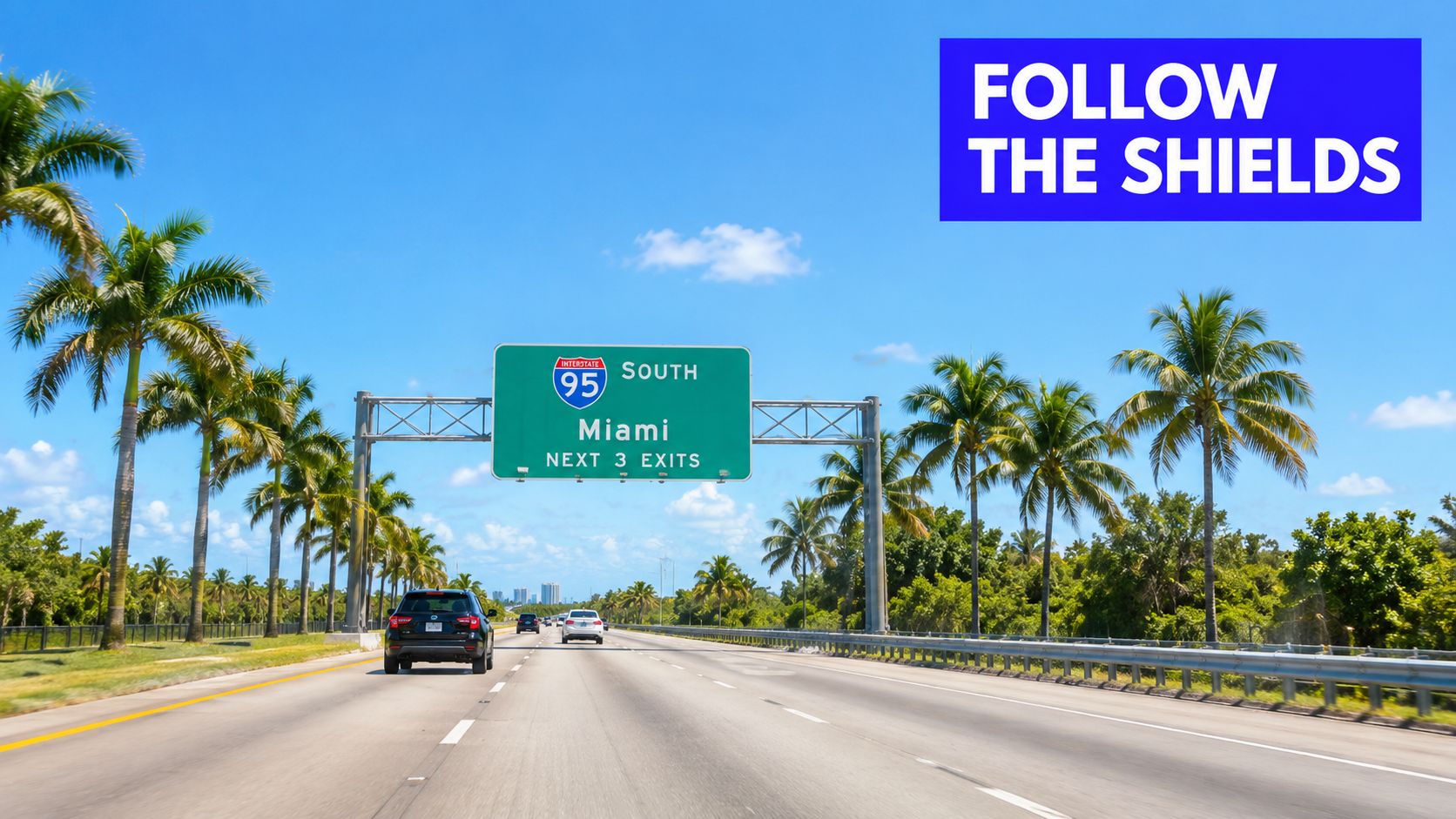 A black SUV driving on an empty highway towards a large green I-95 South Miami road sign.