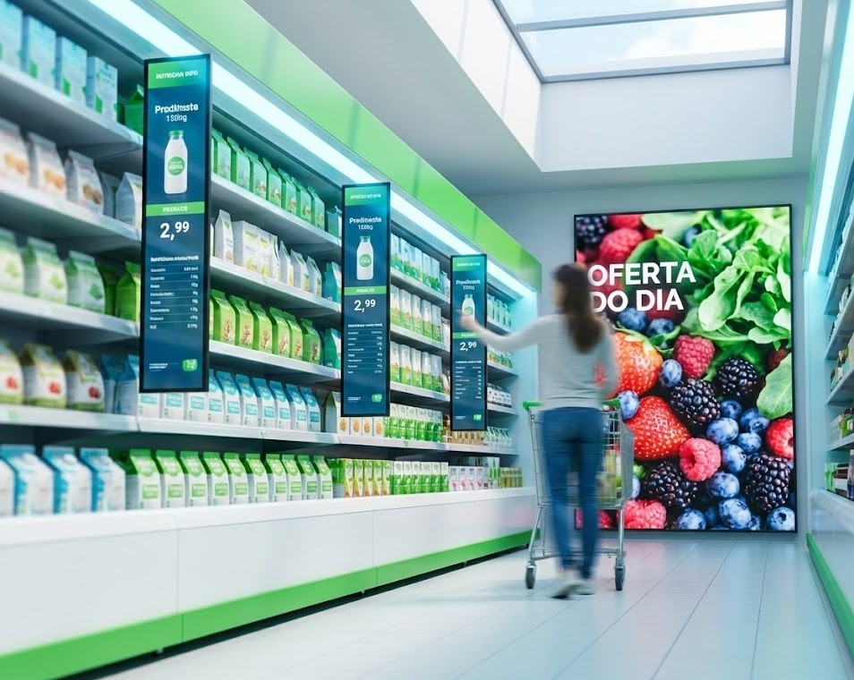 Cliente num corredor de supermercado moderno e futurista, a interagir com ecrãs de sinalização digital integrados nas prateleiras que mostram preços. Ao fundo, um grande ecrã LED exibe uma "OFERTA DO DIA" vibrante com frutas e legumes frescos.