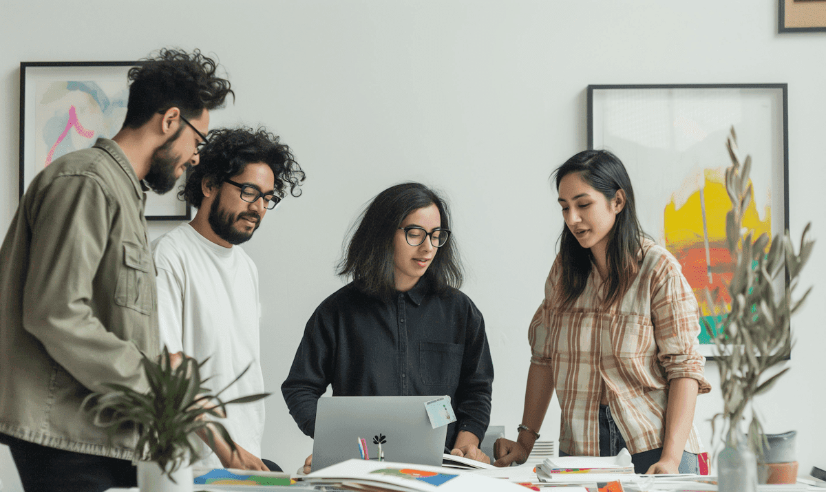 A diverse group of professionals collaborating on a laptop in a modern office setting.