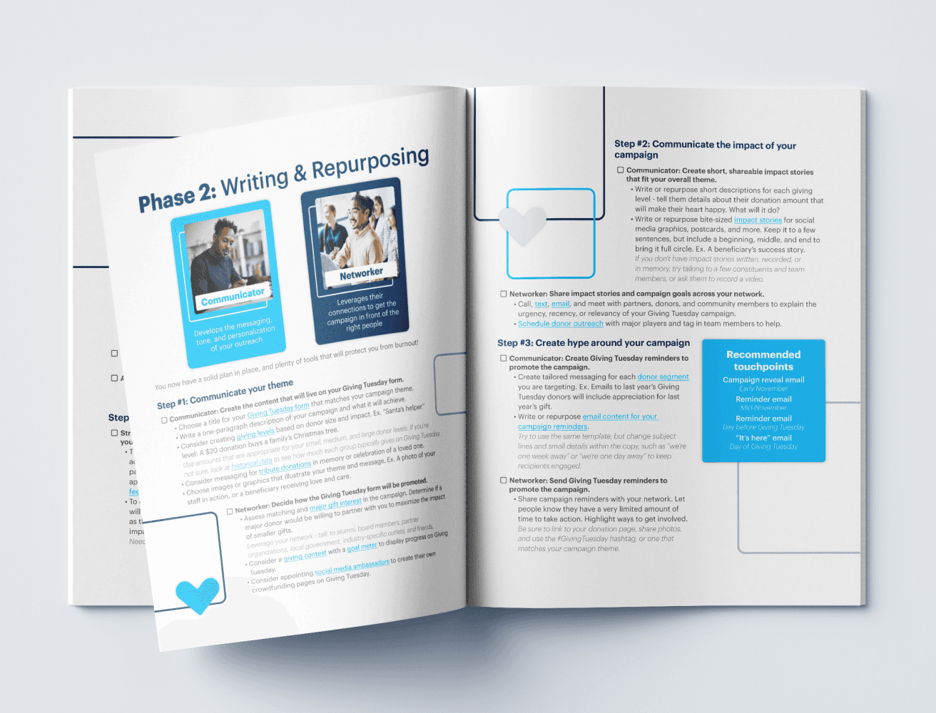 A booklet lays open, showing off a section titled "Phase 2: Writing & Repurposing" and 2 graphics.