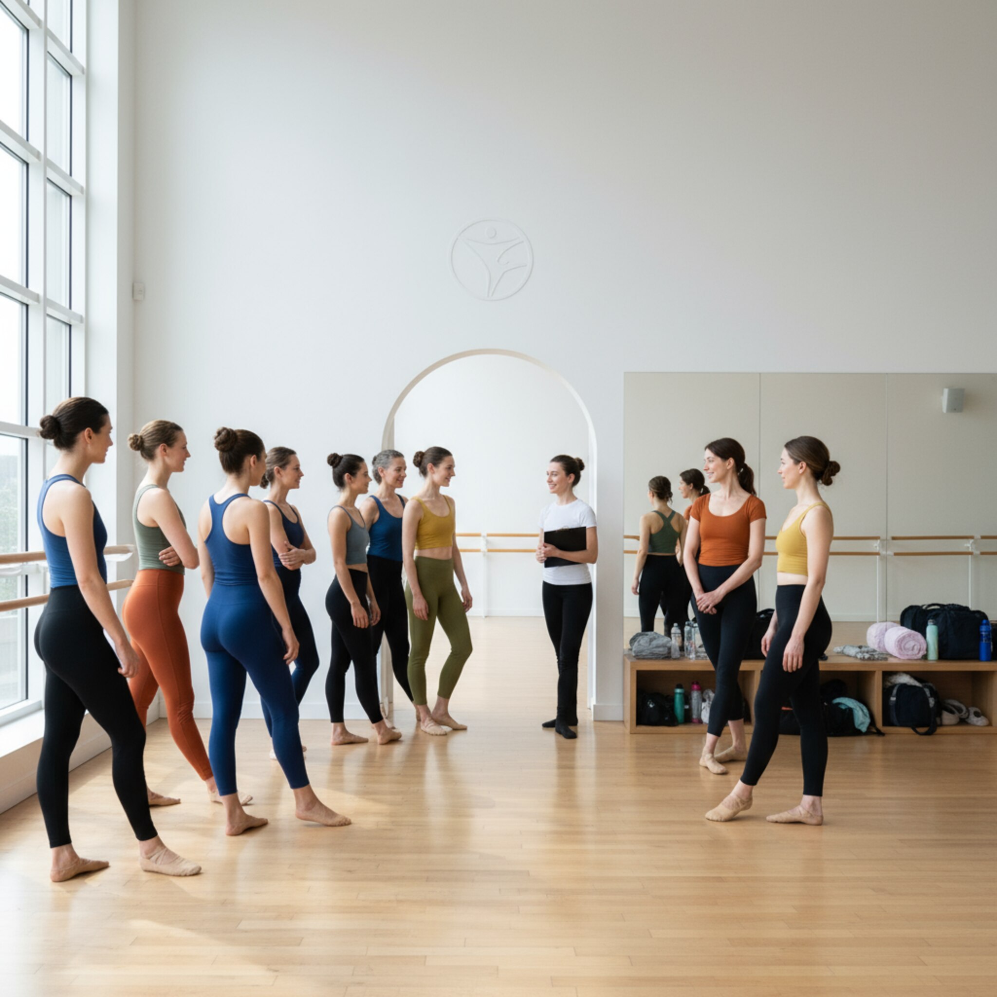 Kurz vor Kursbeginn stehen Tänzer locker im Eingangsbereich, unterhalten sich leise und treten geordnet in den Saal. Die Trainerin begrüßt die Gruppe mit einem souveränen Lächeln. Alles wirkt vorbereitet, pünktlich und ruhig, als ob jeder Platz sinnvoll genutzt wird.