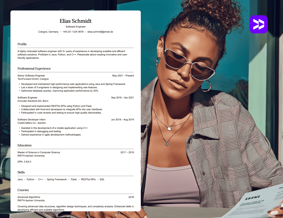Software engineer CV example with a woman wearing glasses, sitting at a desk and holding a CV