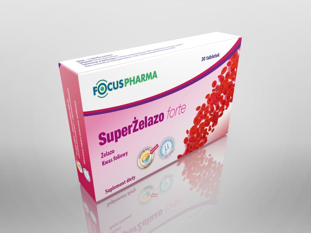The image depicts a box of "Super Żelazo (Iron Forte)" dietary supplement by Focuspharma, featuring vibrant red blood cells and nutritional information on a sleek pink and white packaging design.
