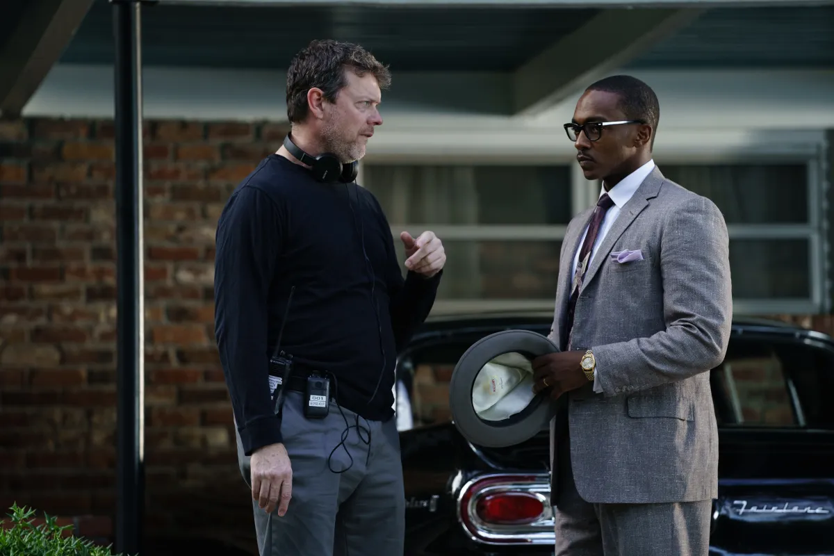 Writer/Director George Nolfi with Anthony Mackie on set of The Banker