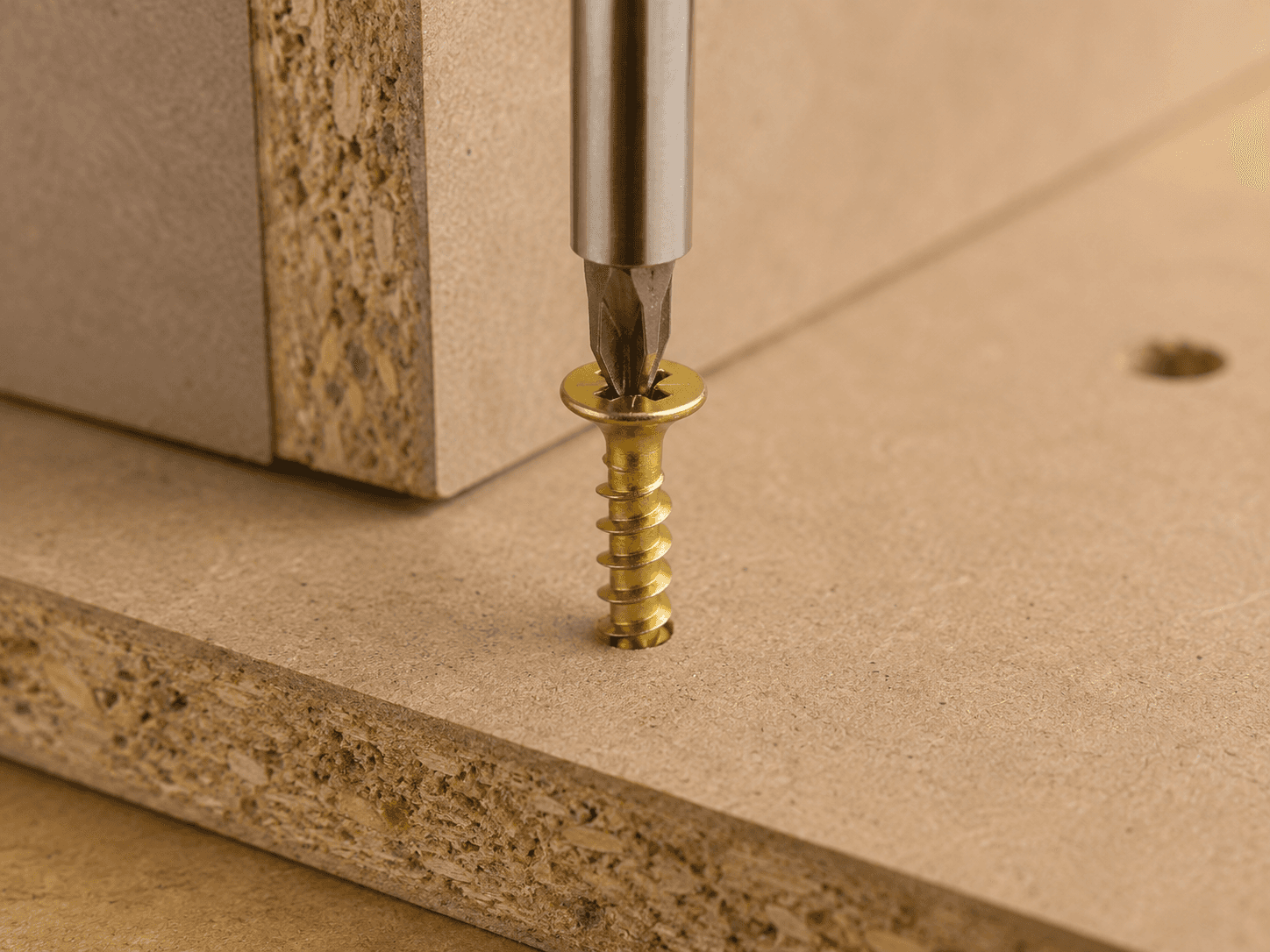 Gold zinc chipboard screw being installed into MDF and particle board during furniture assembly