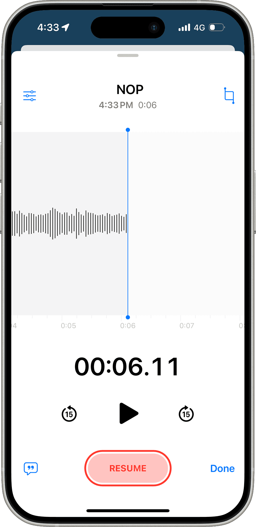 Screenshot of the current recording page of the Voice Memos app.