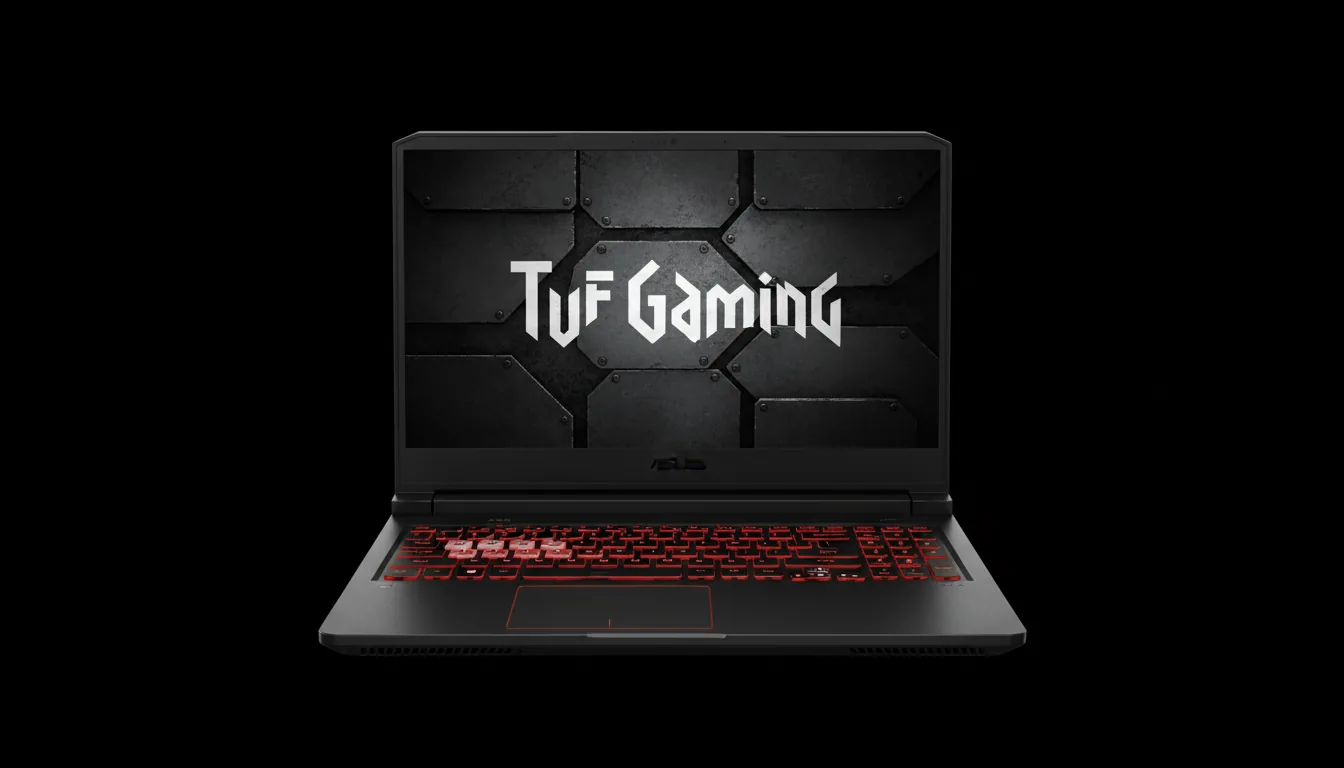Commercial product photography of a black ASUS TUF Gaming laptop, open and centered, facing directly towards the camera against a pure black background. The keyboard is illuminated with a vibrant red backlight. The screen displays a dark grey, industrial-style wallpaper featuring geometric metallic plates and large, abstract white letters. Soft studio lighting provides even, clean highlights on the matte and metallic textures of the device. High-detail, sharp focus.