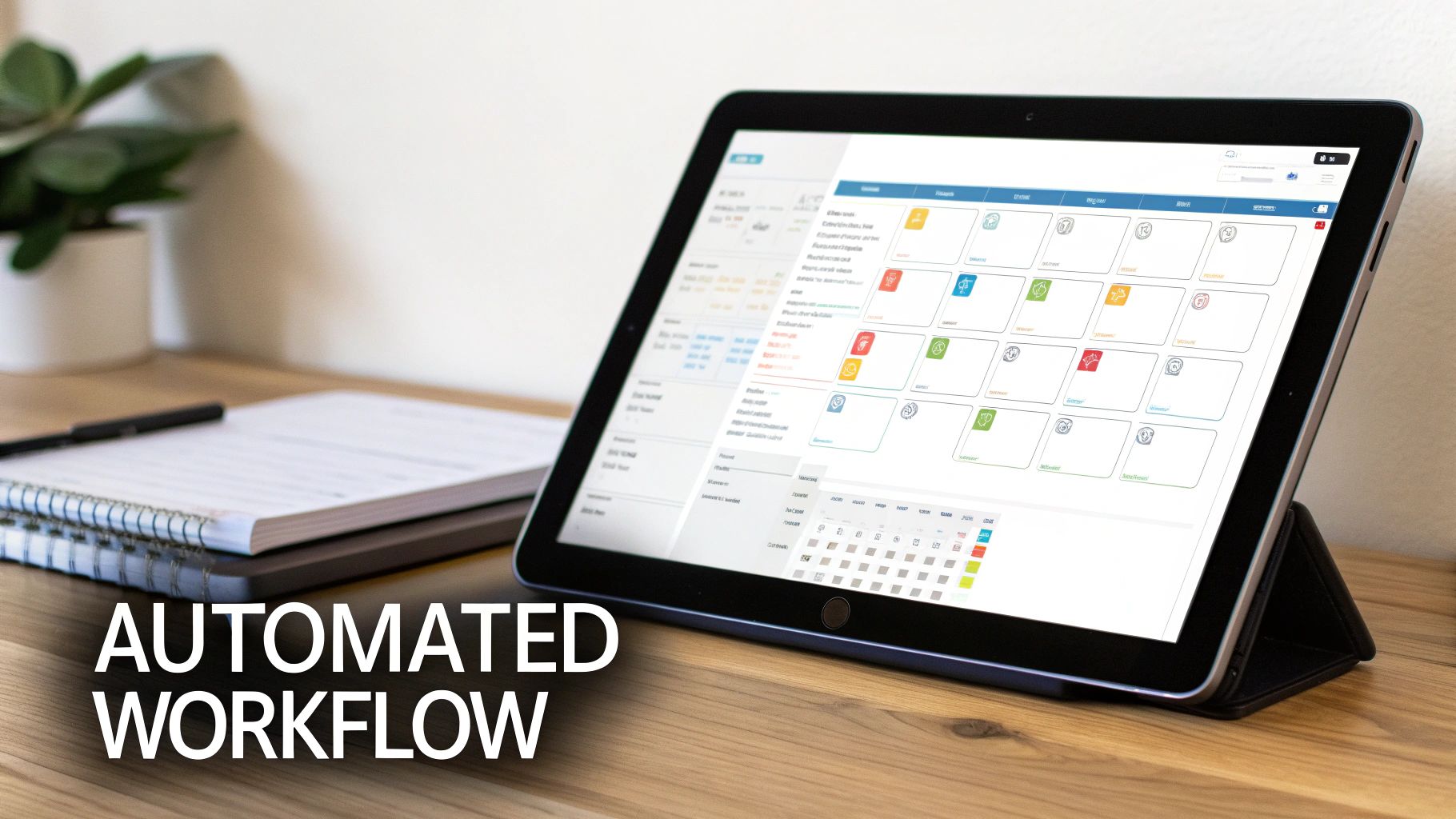 A tablet on a wooden desk displays an automated workflow software with a grid of colorful icons.