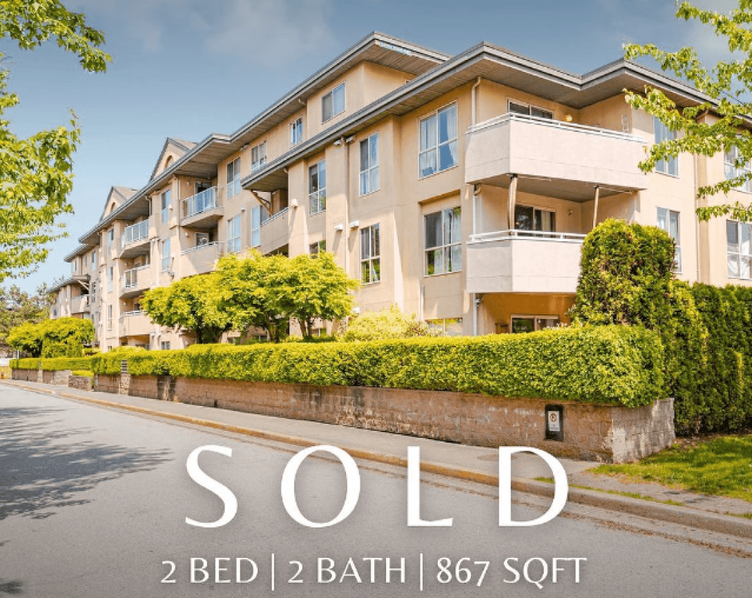 Exterior view of a sold condo unit at #209 13780 76 Ave, Surrey, BC. The property is a multi-story residential building with balconies on each floor. The sold unit is a 2-bedroom, 2-bathroom condo with 867 square feet of living space. The image highlights the sold status with a 'SOLD' sign prominently displayed, and the branding of the selling group is visible at the bottom.